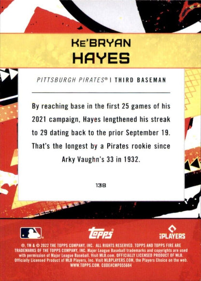 Baseball card featuring Ke’Bryan Hayes’ consecutive games achievement for Pittsburgh Pirates MLB