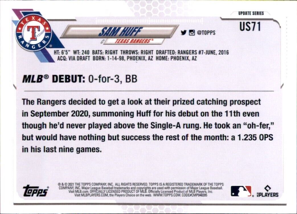 Sam Huff Rookie Texas Rangers baseball card featuring MLB debut statistics