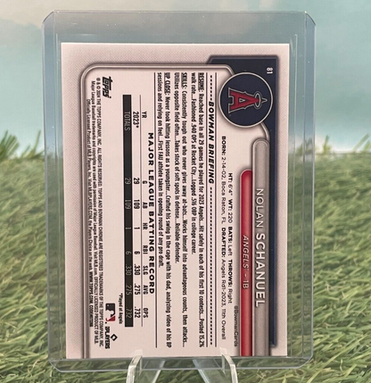 Nolan Schanuel 2024 Bowman Chrome Mojo Refractor card in clear protective case