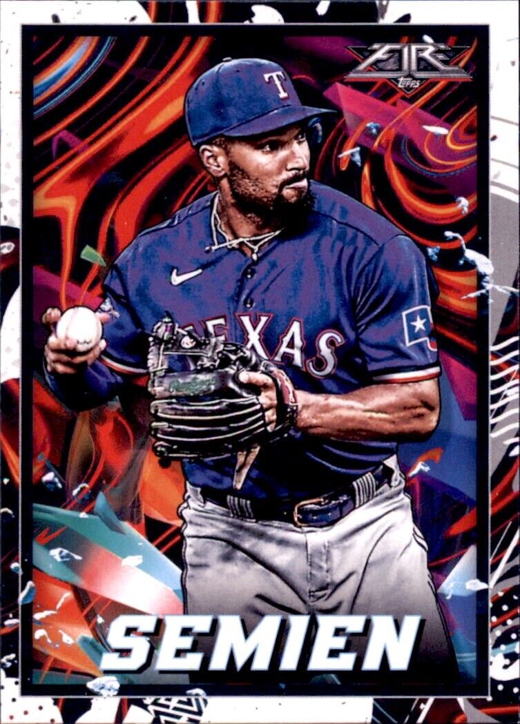 Marcus Semien Texas Rangers player in uniform holding baseball for 2022 Topps Fire MLB