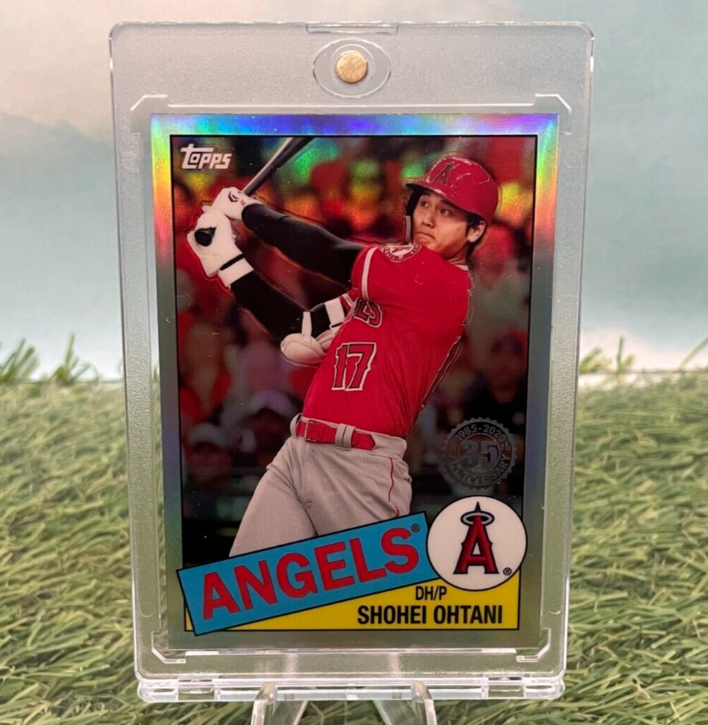 Baseball card of Shohei Ohtani in red uniform from Topps Chrome Refractor series