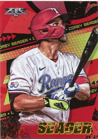 Corey Seager at bat in Tampa Bay Rays uniform, Texas Rangers MLB player in red helmet