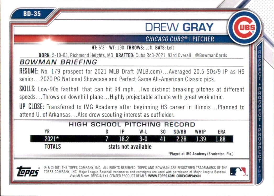 Baseball card of Drew Gray with stats for Bowman Draft and Chicago Cubs MLB #35 NM Card