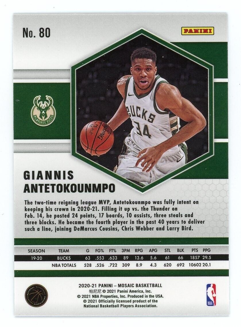 Basketball trading card of Giannis Antetokounmpo Milwaukee Bucks in white jersey dribbling