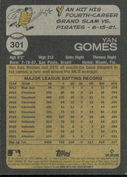 Baseball card featuring Topps Heritage Yan Gomes Chicago Cubs stats and career highlights