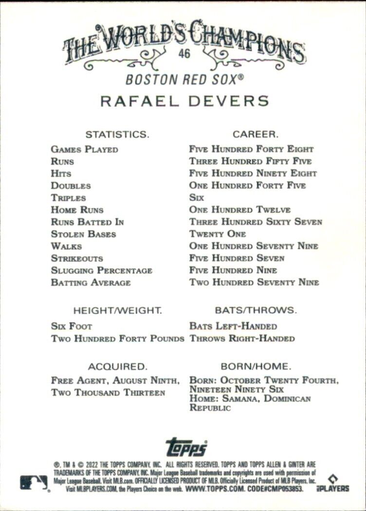 2022 Topps Allen & Ginter Rafael Devers Baseball card featuring Boston Red Sox stats