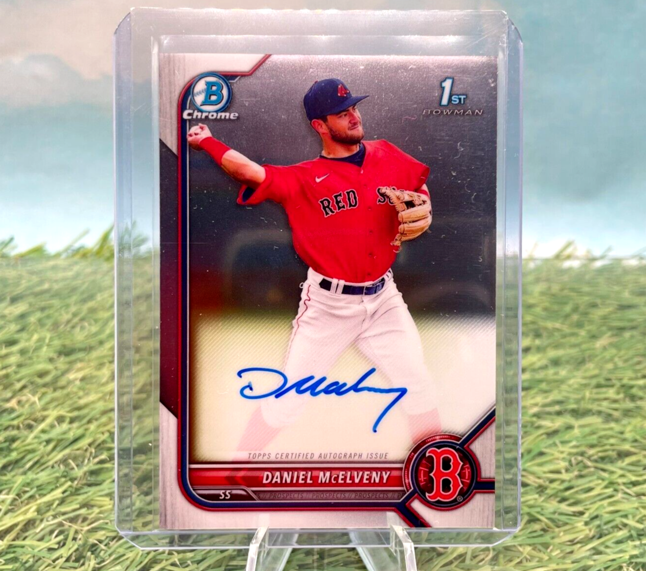 Signed Boston Red Sox baseball card in protective case for Daniel McElveny 2022 Bowman Chrome