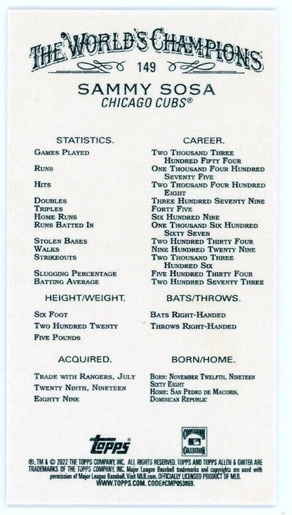 Baseball card featuring Ginter Sammy Sosa’s stats from The World’s Champions series