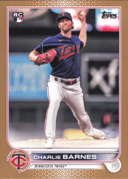 Charlie Barnes Gold baseball card from Topps Series showing pitcher delivery for Minnesota Twins