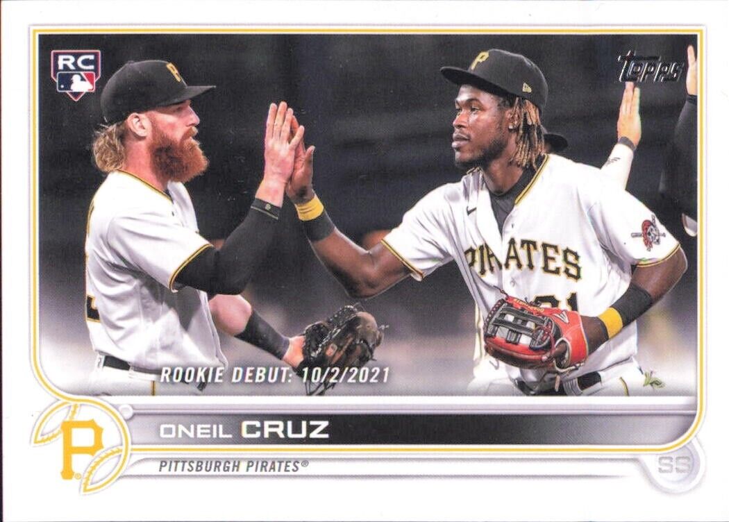 Oneil Cruz Rookie card from Topps Update featuring Pittsburgh Pirates players celebrating