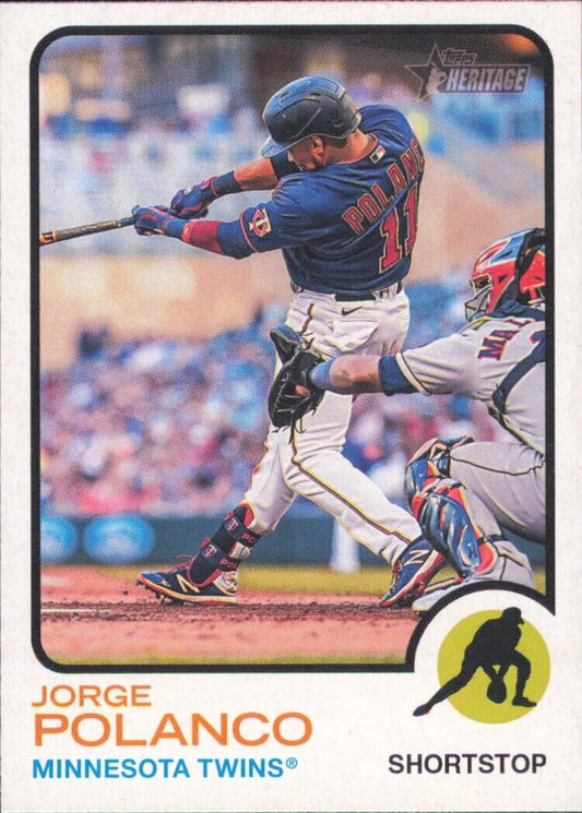 2022 Topps Heritage Jorge Polanco Minnesota Twins baseball card mid-swing action