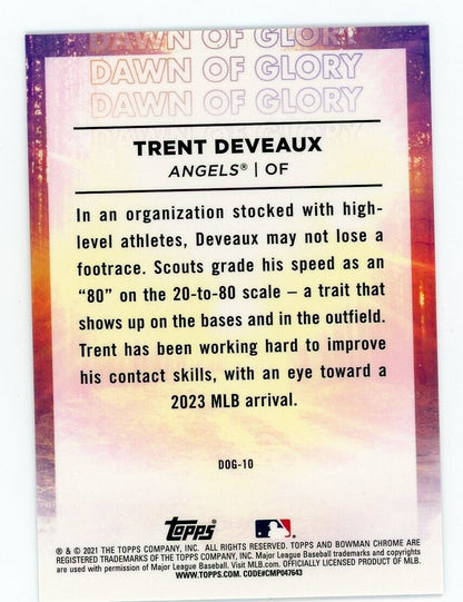 Baseball card featuring Trent Deveaux scouting report from 2021 Bowman Chrome Dawn