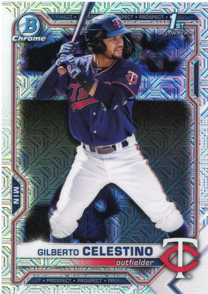 Gilberto Celestino in Minnesota Twins uniform at bat, featured in Bowman Chrome Mojo card