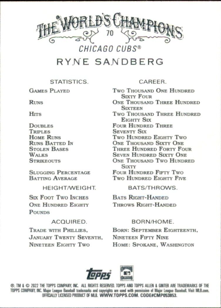 Baseball card of Ginter Ryne Sandberg showcasing career stats for Chicago Cubs player