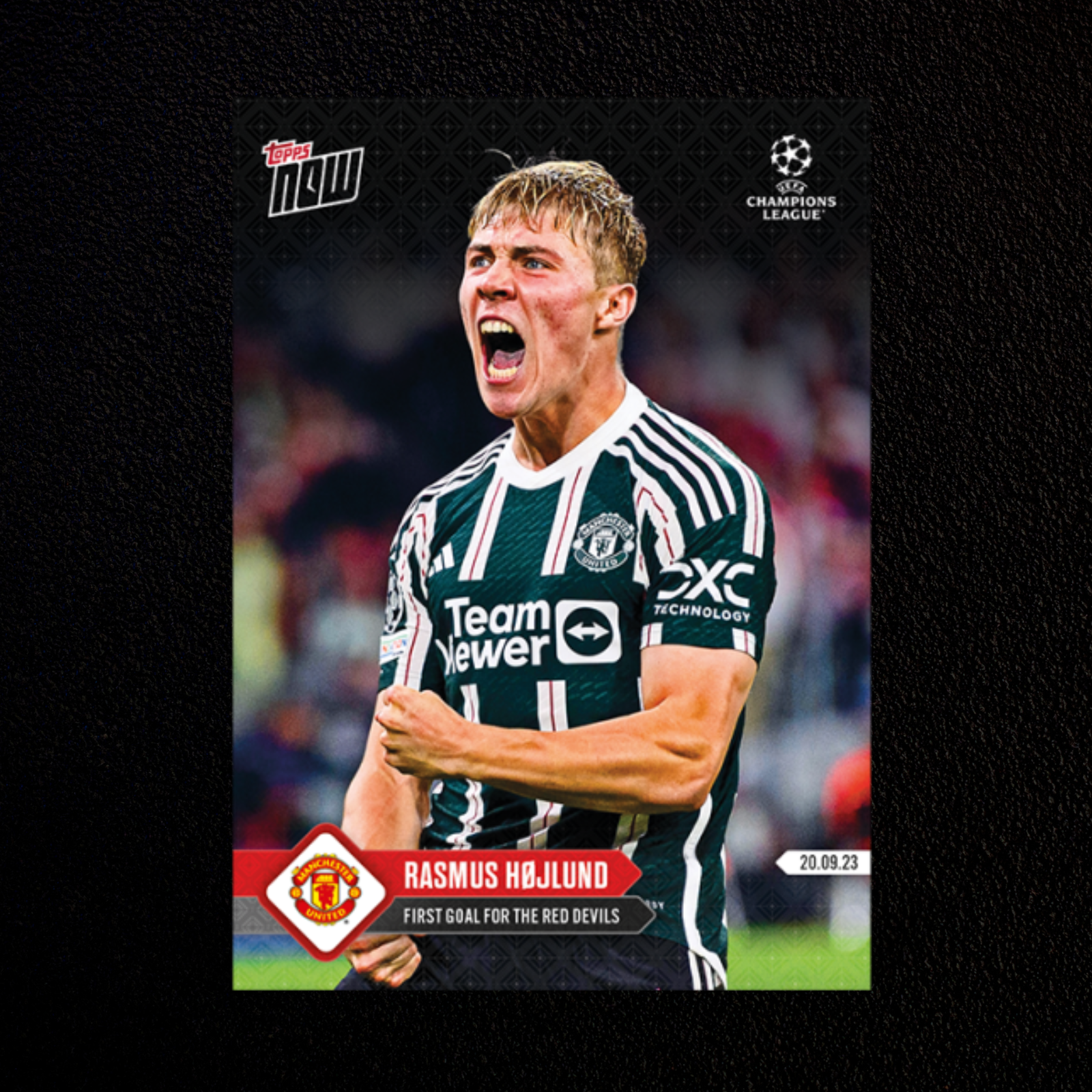 Soccer player in green and white jersey celebrating for Red Devils UCL Topps Now card