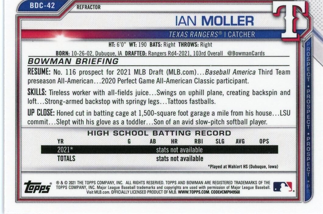 2021 Bowman Chrome Ian Moller 1st Bowman Refractor Texas Rangers Baseball Card Stats