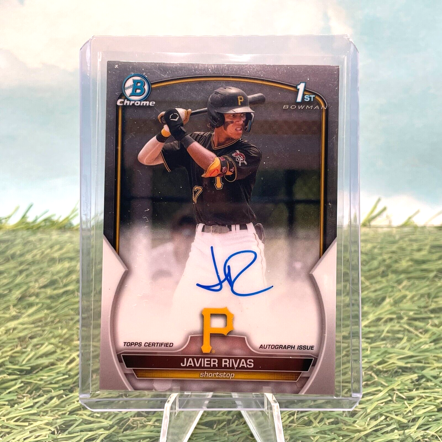 Signed Javier Rivas Bowman Chrome baseball card in batting stance for Pittsburgh Pirates