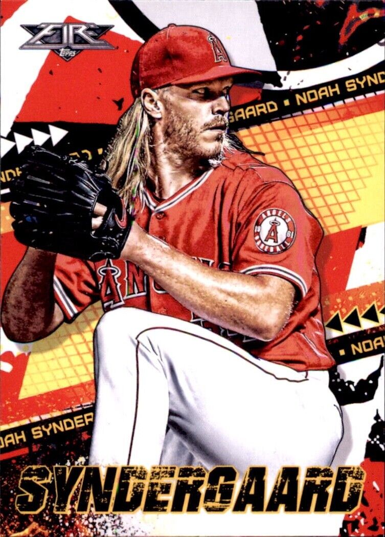 Baseball player Noah Syndergaard in red Los Angeles Angels uniform in pitching stance