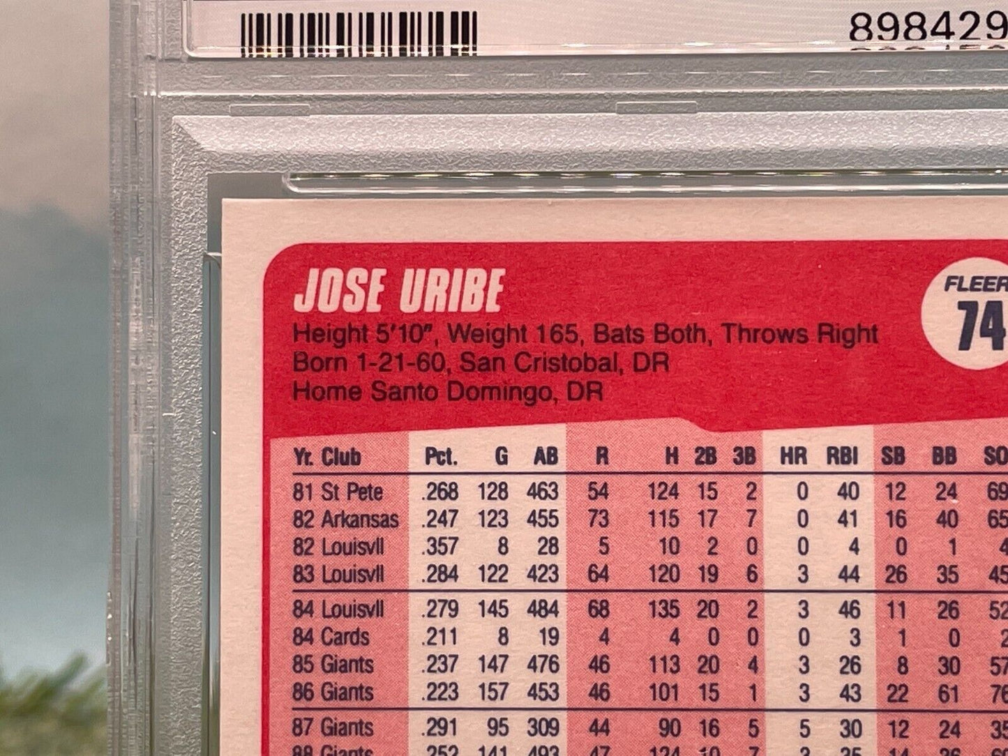 Rare PSA 9 Mint 1990 Fleer Baseball Card featuring Jose Uribe and error birth date details