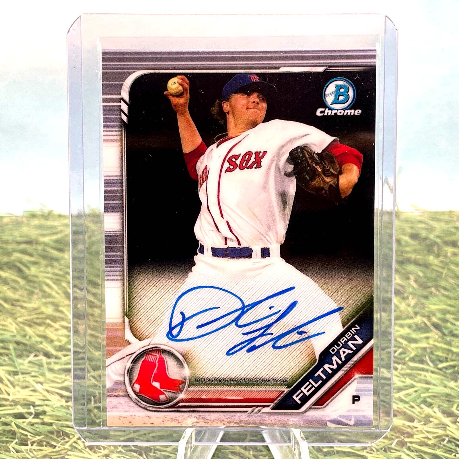 Signed Durbin Feltman 2019 Bowman Chrome Red Sox baseball card of pitcher in action