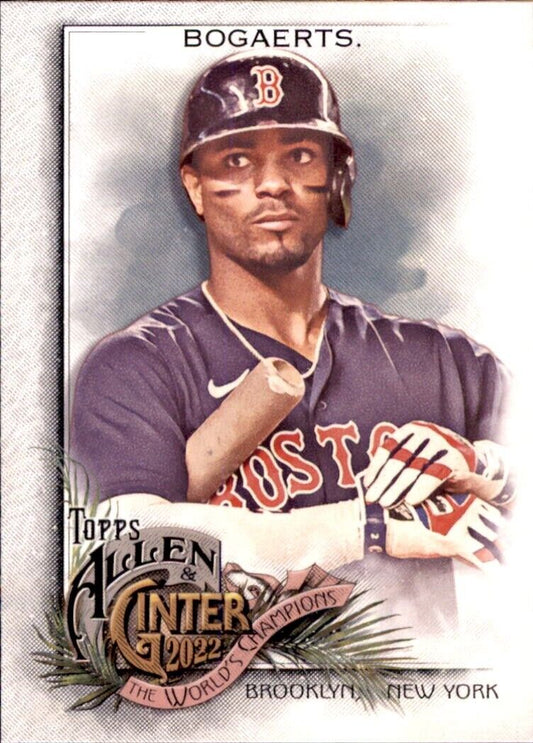 Baseball card featuring Xander Bogaerts in Boston Red Sox navy uniform