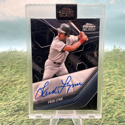 Signed Topps Chrome Black Fred Lynn baseball card in batting stance for Red Sox fans