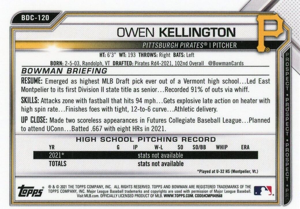 2021 Bowman Chrome Draft Owen Kellington Sky Blue 1st Bowman Pittsburgh Pirates card