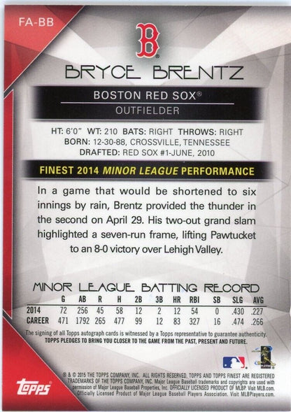 Baseball card of Bryce Brentz rookie autograph Gold Refractor from Topps Finest 2015