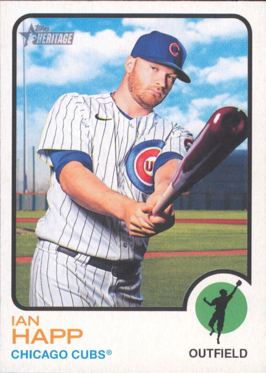 Baseball card of a Chicago Cubs outfielder in pinstripes, Topps Heritage Ian Happ