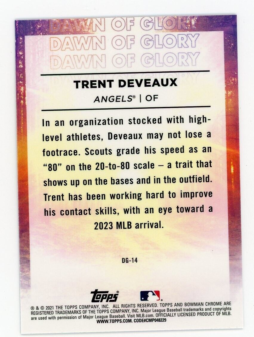 Baseball card showcasing Bowman Chrome Dawn of Glory Trent Deveaux’s scouting report