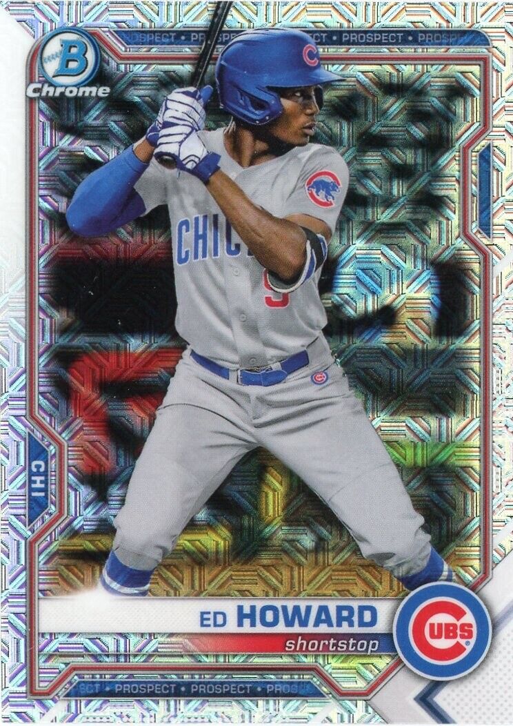 Chicago Cubs Ed Howard batting in gray jersey, featured in Bowman Chrome Prospects card