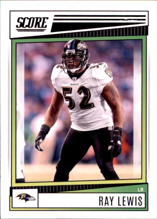 Baltimore Ravens trading card of Ray Lewis in white jersey from 2022 Panini Score