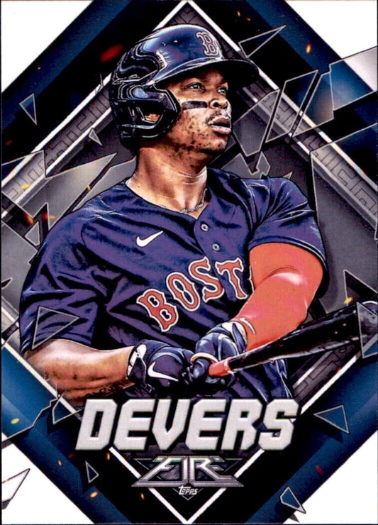 Rafael Devers Boston Red Sox player in navy uniform at bat with batting helmet