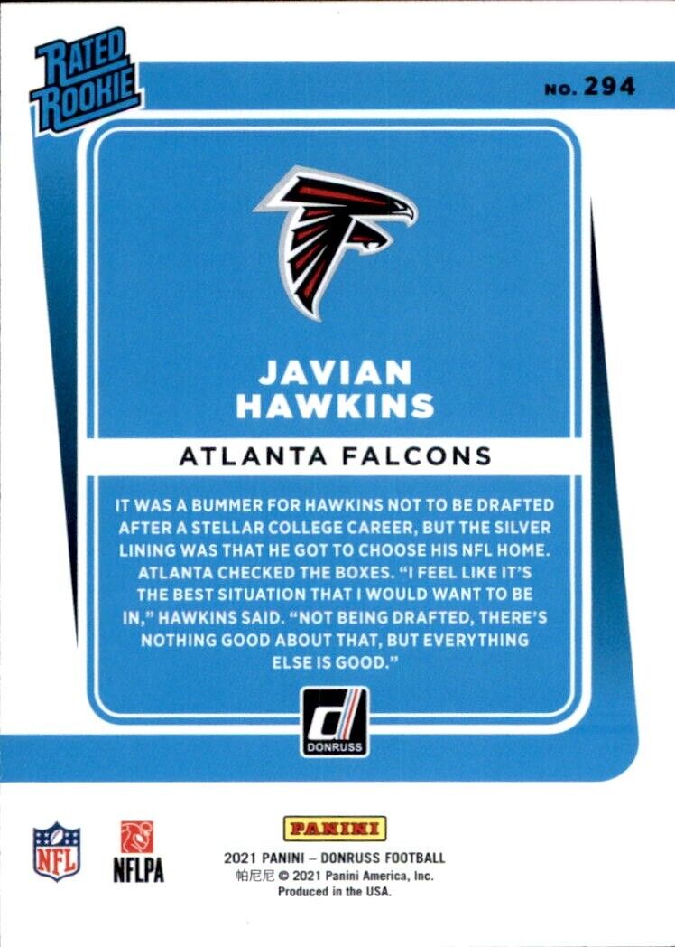 NFL trading card of Javian Hawkins rookie featuring Atlanta Falcons logo and colors