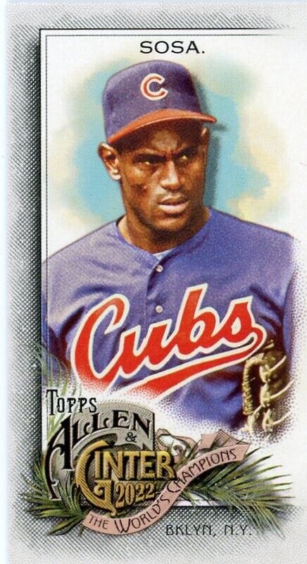 Baseball card of Sammy Sosa in blue Cubs uniform from Ginter Sammy Sosa Mini set