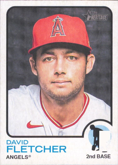 Baseball card of Heritage David Fletcher in red Angels cap and white jersey