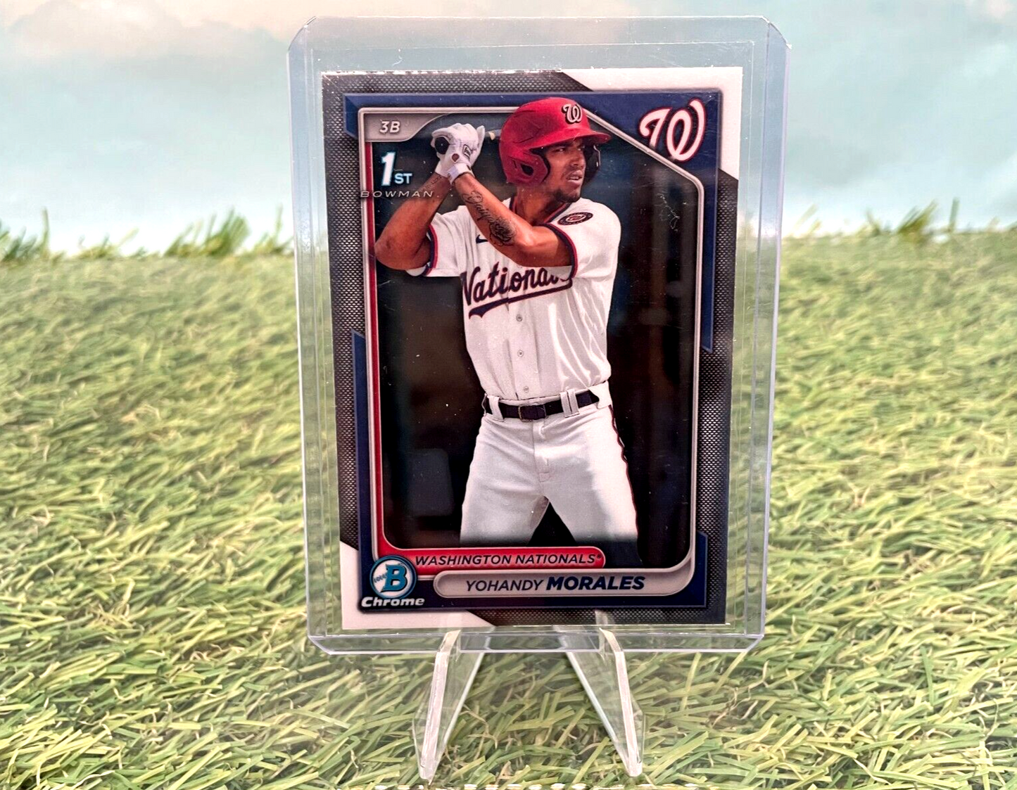 Yohandy Morales 2024 Bowman Chrome trading card featuring Washington Nationals player batting