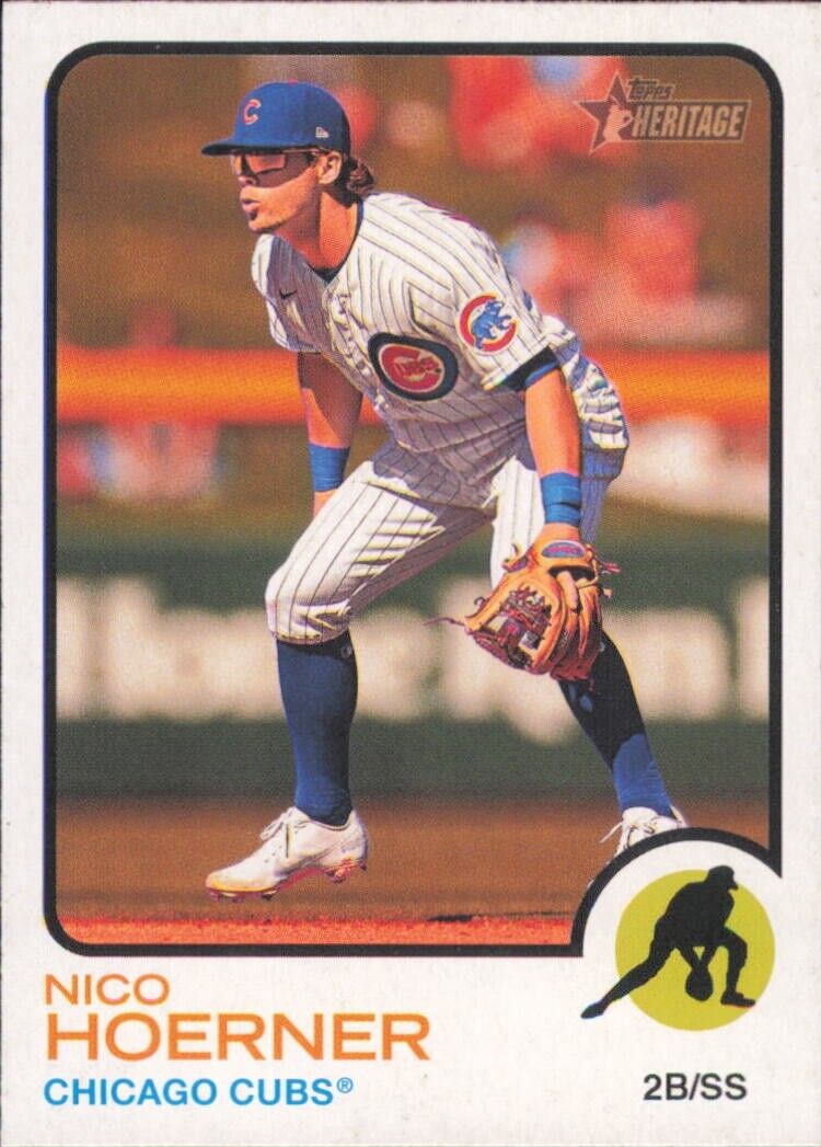 Chicago Cubs Baseball card featuring Topps Heritage Nico Hoerner in fielding position