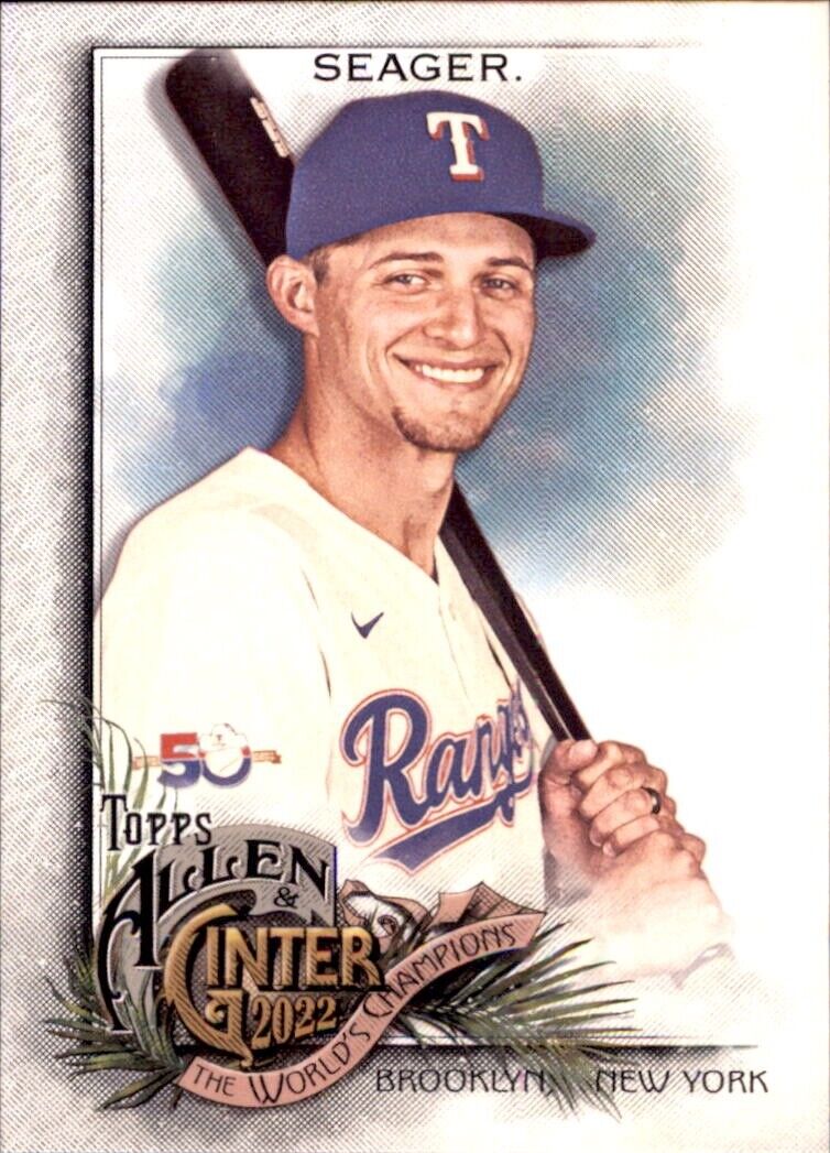 Baseball card of Corey Seager Texas Rangers player swinging bat in white uniform