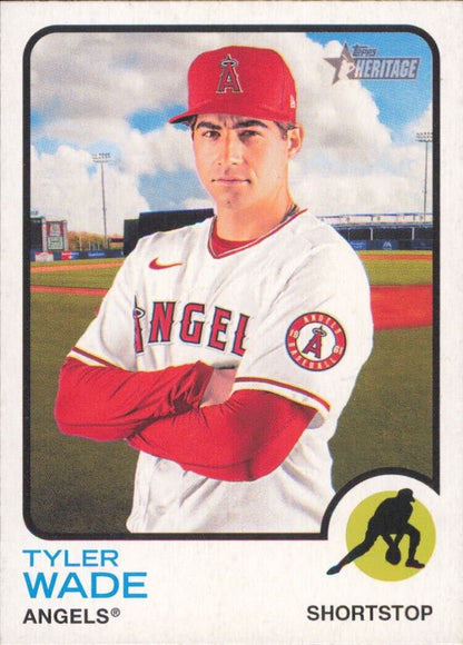 Baseball card of Tyler Wade Los Angeles Angels in white home uniform, Topps Heritage