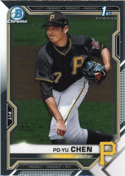 Baseball card of Po Yu Chen in black uniform pitching for Pittsburgh Pirates, Bowman Chrome