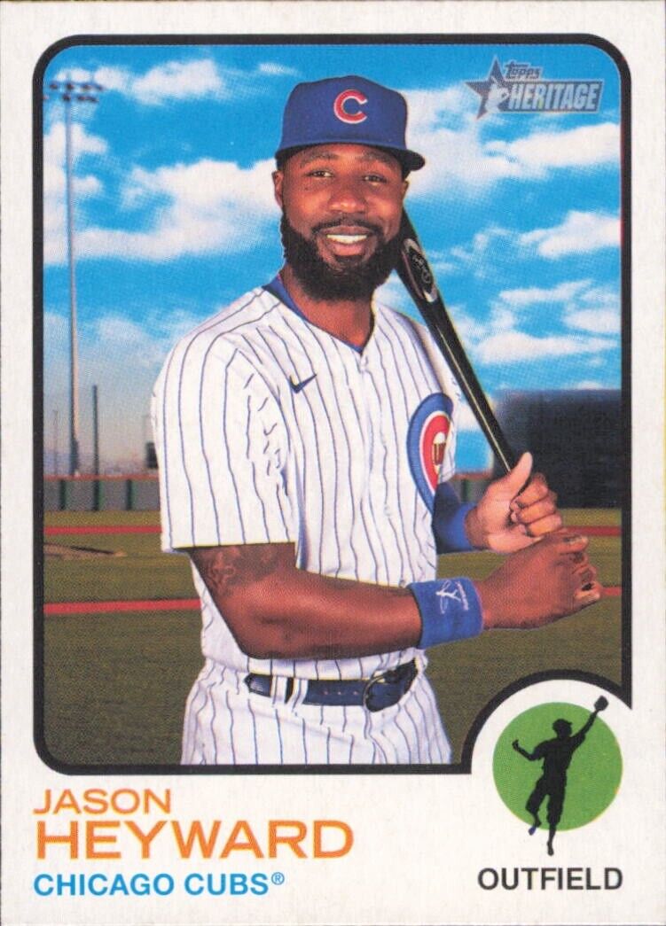 Baseball card of Jason Heyward Chicago Cubs in pinstriped uniform, Topps Heritage