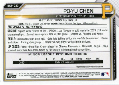 Baseball trading card for Po-Yu Chen 1st Bowman from 2021 Bowman Chrome Pittsburgh Pirates