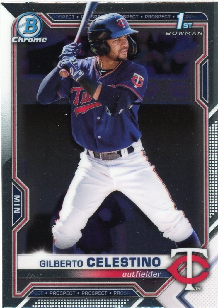 Baseball card of Gilberto Celestino in batting stance, 2021 Bowman Chrome Minnesota Twins