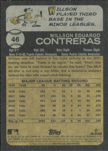 Baseball trading card of Willson Contreras from Topps Heritage, featuring stats and bio