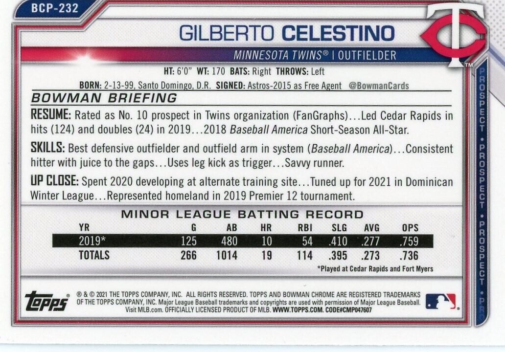 Baseball card featuring Gilberto Celestino 1st statistics from Bowman Chrome Gilberto