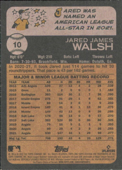 Baseball card of Jared Walsh showcasing minor league stats from Topps Heritage