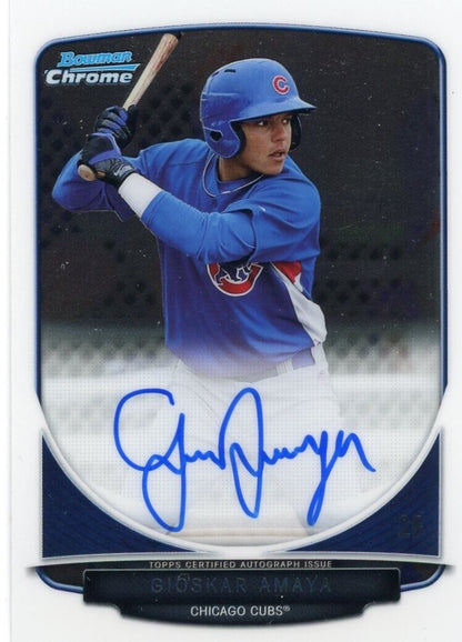 Signed Gioskar Amaya Autograph Chicago Cubs Baseball Card in Blue Uniform and Batting Stance