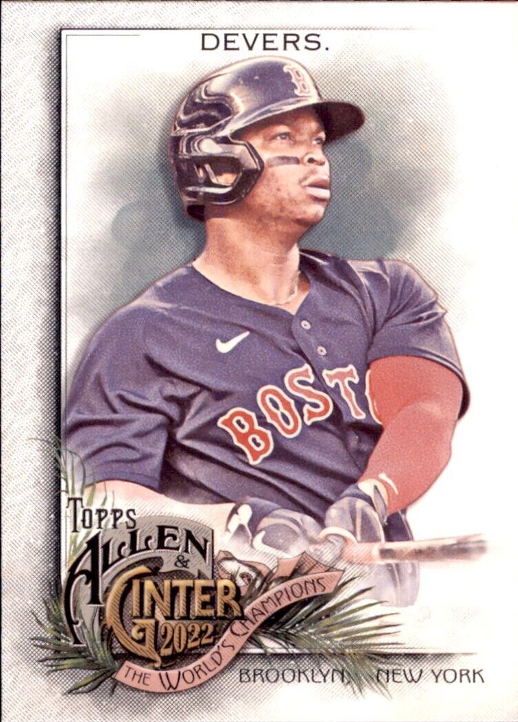 Baseball card of Ginter Rafael Devers in batting stance for Boston Red Sox