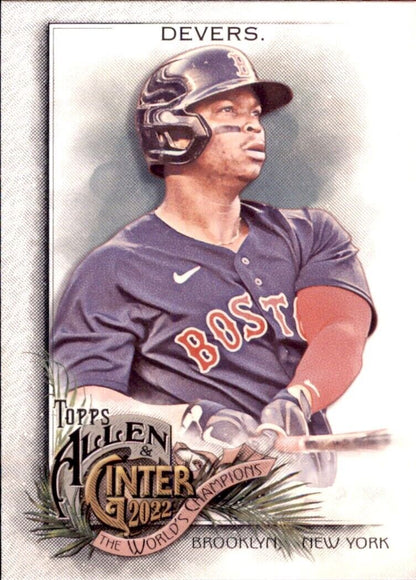 Baseball card of Ginter Rafael Devers in batting stance for Boston Red Sox